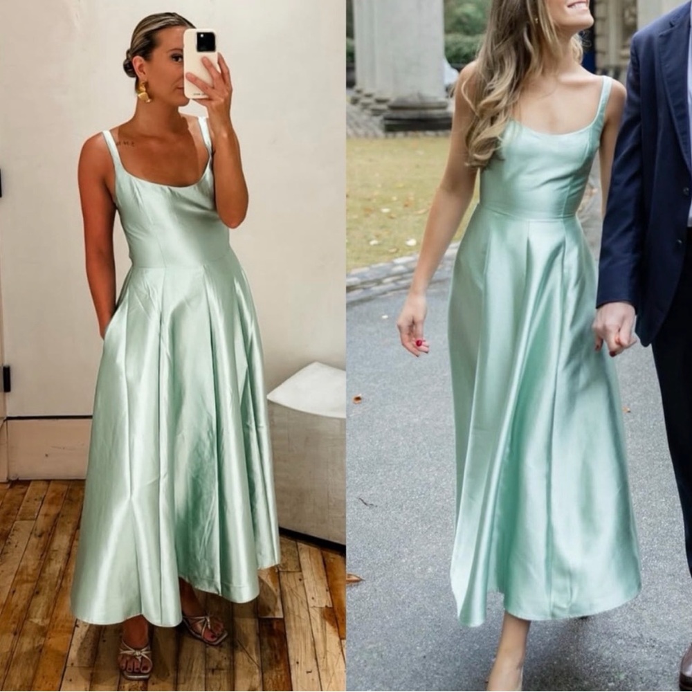 Satin Fit-and-Flare Midi Dress in Mint Green - Women's Sleeveless